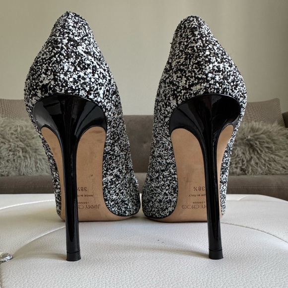 Jimmy Choo ROMY 100 Pointy Toe Pump Heel Shoes Black White Glitter 38.5 - Picture 5 of 17